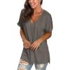 imageSAMPEEL Womens V Neck T Shirts Casual Rolled Short Sleeve Side Split Summer Tops Loose FitDarkgray