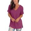imageSAMPEEL Womens V Neck T Shirts Casual Rolled Short Sleeve Side Split Summer Tops Loose FitFuchsia