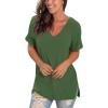 imageSAMPEEL Womens V Neck T Shirts Casual Rolled Short Sleeve Side Split Summer Tops Loose FitGreen