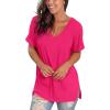 imageSAMPEEL Womens V Neck T Shirts Casual Rolled Short Sleeve Side Split Summer Tops Loose FitHot Pink