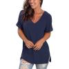 imageSAMPEEL Womens V Neck T Shirts Casual Rolled Short Sleeve Side Split Summer Tops Loose FitNavy Blue
