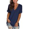 imageSAMPEEL Womens V Neck T Shirts Casual Rolled Short Sleeve Side Split Summer Tops Loose FitNavy Blue