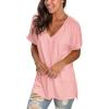 imageSAMPEEL Womens V Neck T Shirts Casual Rolled Short Sleeve Side Split Summer Tops Loose FitPink