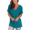 imageSAMPEEL Womens V Neck T Shirts Casual Rolled Short Sleeve Side Split Summer Tops Loose FitTurquoise