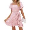 imageSAMPEEL Womens Summer Dresses Square Neck Puff Sleeve Tie Waist Short DressPink Leopard