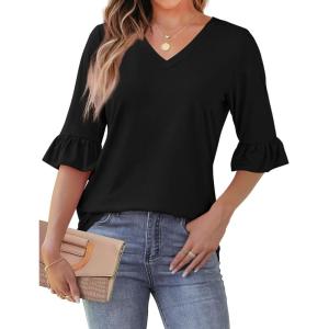 imageSAMPEEL 34 Length Sleeves Womens Tops Blouses for Women Dressy Casual Tops Trendy Summer Shirts Spring Clothes 2025Black