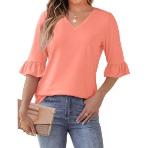 imageSAMPEEL 34 Length Sleeves Womens Tops Blouses for Women Dressy Casual Tops Trendy Summer Shirts Spring Clothes 2025Coral Pink