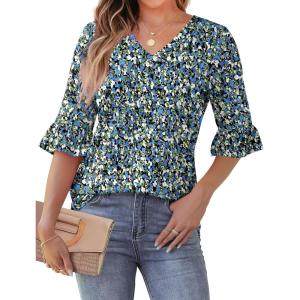 imageSAMPEEL 34 Length Sleeves Womens Tops Blouses for Women Dressy Casual Tops Trendy Summer Shirts Spring Clothes 2025Floral Blue