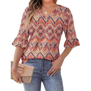 imageSAMPEEL 34 Length Sleeves Womens Tops Blouses for Women Dressy Casual Tops Trendy Summer Shirts Spring Clothes 2025Floral Bohemia