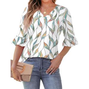 imageSAMPEEL 34 Length Sleeves Womens Tops Blouses for Women Dressy Casual Tops Trendy Summer Shirts Spring Clothes 2025Floral Leaves