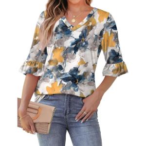 imageSAMPEEL 34 Length Sleeves Womens Tops Blouses for Women Dressy Casual Tops Trendy Summer Shirts Spring Clothes 2025Floral Painting