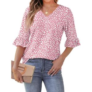 imageSAMPEEL 34 Length Sleeves Womens Tops Blouses for Women Dressy Casual Tops Trendy Summer Shirts Spring Clothes 2025Floral Pink Dot