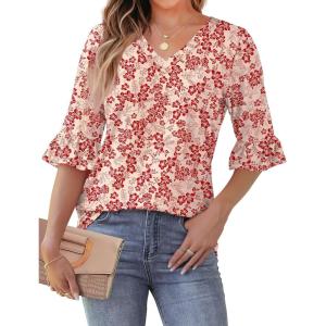 imageSAMPEEL 34 Length Sleeves Womens Tops Blouses for Women Dressy Casual Tops Trendy Summer Shirts Spring Clothes 2025Floral Red