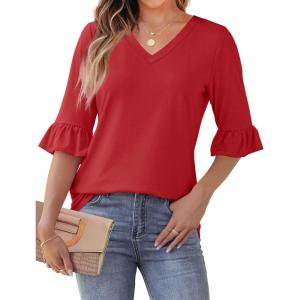 imageSAMPEEL 34 Length Sleeves Womens Tops Blouses for Women Dressy Casual Tops Trendy Summer Shirts Spring Clothes 2025Red