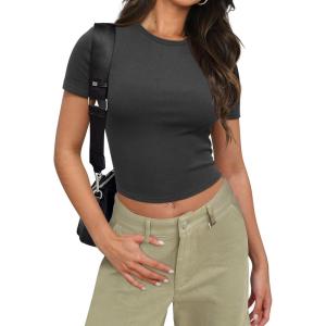 imageSAMPEEL Crop Tops for Women Summer Trendy Tight Tshirts 2024 Slim FitDark Grey