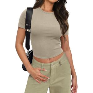 imageSAMPEEL Crop Tops for Women Summer Trendy Tight Tshirts 2024 Slim FitKhaki Coffee