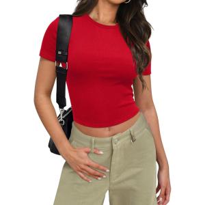 imageSAMPEEL Crop Tops for Women Summer Trendy Tight Tshirts 2024 Slim FitRed