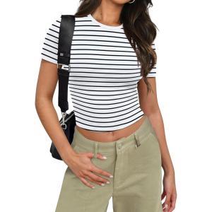 imageSAMPEEL Crop Tops for Women Summer Trendy Tight Tshirts 2024 Slim FitStripe Black