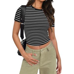 imageSAMPEEL Crop Tops for Women Summer Trendy Tight Tshirts 2024 Slim FitStripe White