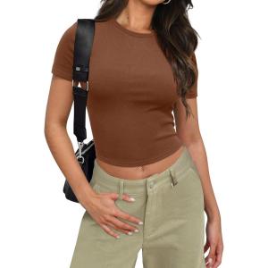 imageSAMPEEL Crop Tops for Women Summer Trendy Tight Tshirts 2024 Slim FitTan Brown