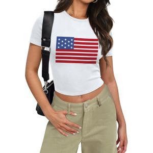 imageSAMPEEL Crop Tops for Women Summer Trendy Tight Tshirts 2024 Slim FitUsa Flag Printed