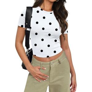 imageSAMPEEL Crop Tops for Women Summer Trendy Tight Tshirts 2024 Slim FitWhite Dots