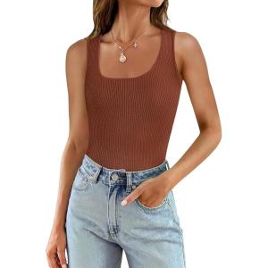 imageSAMPEEL Ribbed Tank Tops for Women Square Neck Summer Sleeveless TopsBrown
