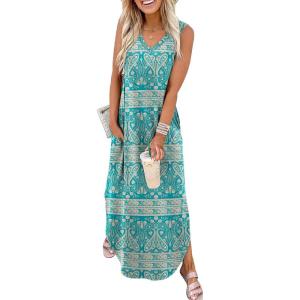 imageSAMPEEL Summer Dresses Maxi Dress Vacation Beach Sundresses 2025 with PocketsFloral Blue