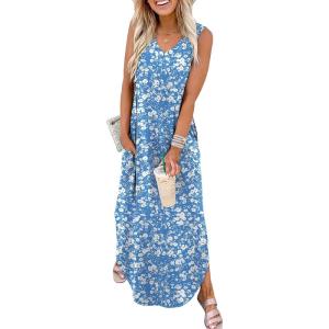 imageSAMPEEL Summer Dresses Maxi Dress Vacation Beach Sundresses 2025 with PocketsFloral Blue White