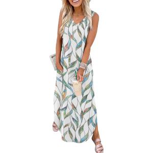 imageSAMPEEL Summer Dresses Maxi Dress Vacation Beach Sundresses 2025 with PocketsFloral Green Leaf