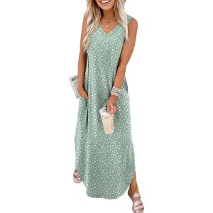 imageSAMPEEL Summer Dresses Maxi Dress Vacation Beach Sundresses 2025 with PocketsFloral Green Wave Point