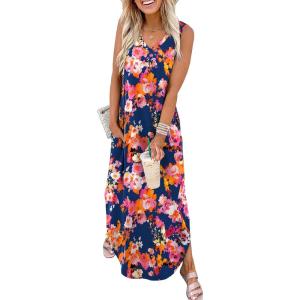 imageSAMPEEL Summer Dresses Maxi Dress Vacation Beach Sundresses 2025 with PocketsFloral Navy Blue