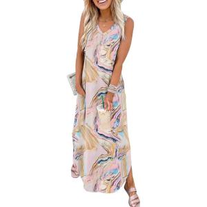 imageSAMPEEL Summer Dresses Maxi Dress Vacation Beach Sundresses 2025 with PocketsFloral Pink Oil Painting