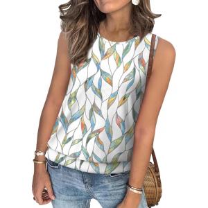 imageSAMPEEL Summer Tank Tops for Women Loose Fit Casual Round Neck Sleeveless Eyelet Tanks Trendy Vocation Outfits 2025Leaf Print