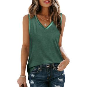 imageSAMPEEL Tank Tops for Women Summer Trendy V Neck Tops Shiny Trim Loose Fit Casual Sleeveless Shirts Fashion 2025Green