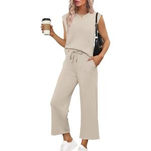 imageSAMPEEL Two Piece Sets for Women Casual Travel Vacation Outfits Summer Wide Leg Crop Pants Lounge SetsBeige