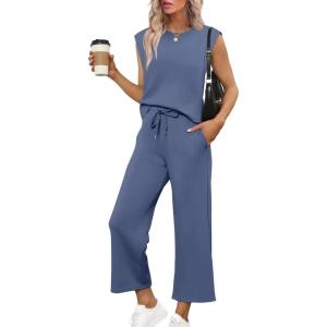 imageSAMPEEL Two Piece Sets for Women Casual Travel Vacation Outfits Summer Wide Leg Crop Pants Lounge SetsBlue