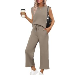 imageSAMPEEL Two Piece Sets for Women Casual Travel Vacation Outfits Summer Wide Leg Crop Pants Lounge SetsBrown