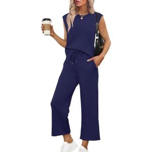 imageSAMPEEL Two Piece Sets for Women Casual Travel Vacation Outfits Summer Wide Leg Crop Pants Lounge SetsDark Blue