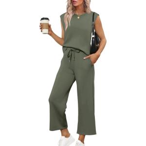 imageSAMPEEL Two Piece Sets for Women Casual Travel Vacation Outfits Summer Wide Leg Crop Pants Lounge SetsGreen