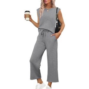 imageSAMPEEL Two Piece Sets for Women Casual Travel Vacation Outfits Summer Wide Leg Crop Pants Lounge SetsGrey