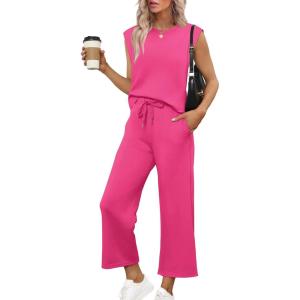 imageSAMPEEL Two Piece Sets for Women Casual Travel Vacation Outfits Summer Wide Leg Crop Pants Lounge SetsHot Pink