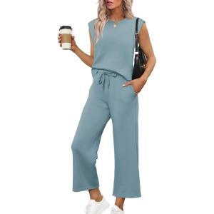imageSAMPEEL Two Piece Sets for Women Casual Travel Vacation Outfits Summer Wide Leg Crop Pants Lounge SetsLake Blue