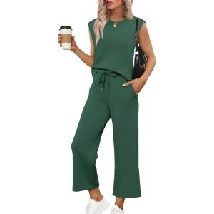 imageSAMPEEL Two Piece Sets for Women Casual Travel Vacation Outfits Summer Wide Leg Crop Pants Lounge SetsPeacock Green