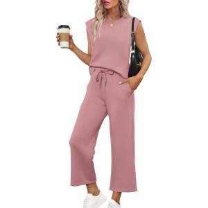 imageSAMPEEL Two Piece Sets for Women Casual Travel Vacation Outfits Summer Wide Leg Crop Pants Lounge SetsPink
