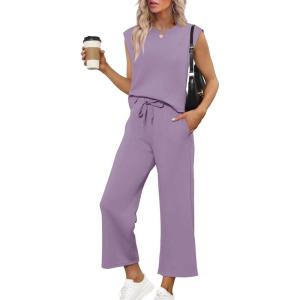 imageSAMPEEL Two Piece Sets for Women Casual Travel Vacation Outfits Summer Wide Leg Crop Pants Lounge SetsPurple