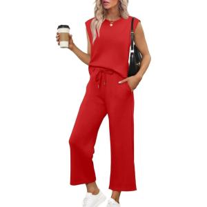 imageSAMPEEL Two Piece Sets for Women Casual Travel Vacation Outfits Summer Wide Leg Crop Pants Lounge SetsRed