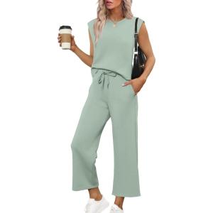 imageSAMPEEL Two Piece Sets for Women Casual Travel Vacation Outfits Summer Wide Leg Crop Pants Lounge SetsSage Green