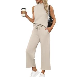 imageSAMPEEL Two Piece Sets for Women Summer Outfits Lounge Sets Mock Neck Tops Wide Leg Crop Pants Vacation Travel OutfitsBeige