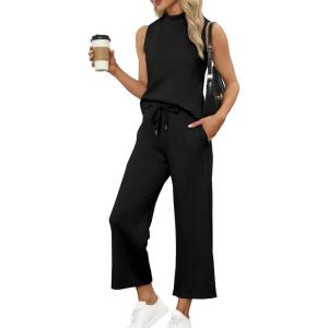 imageSAMPEEL Two Piece Sets for Women Summer Outfits Lounge Sets Mock Neck Tops Wide Leg Crop Pants Vacation Travel OutfitsBlack